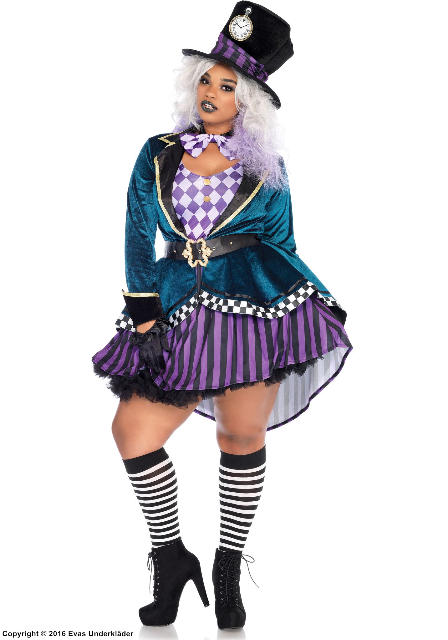 Female Mad Hatter, costume dress, long sleeves, belt, checkered pattern, XL to 4XL